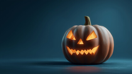 Glowing Halloween Pumpkin: A jack-o'-lantern carved with a toothy grin glows brightly, its fiery eyes piercing the darkness. The spooky scene perfectly embodies the spirit of Halloween.