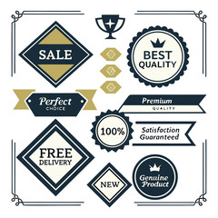 A collection of various vintage-style, graphic design elements.  The elements include ribbons, badges, and labels, all in a combination of dark navy blue and goldbeige colors.  The elements feature di