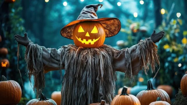 A glowing jack o' lantern scarecrow with outstretched arms stands amidst a pumpkin patch at twilight
