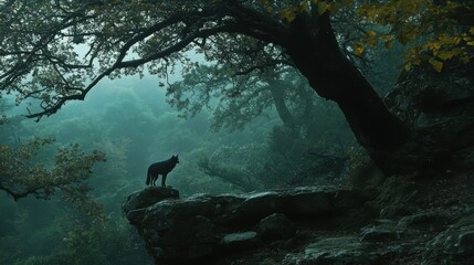 A solitary wolf stands vigil on a misty mountaintop, framed by a dense, dark forest.