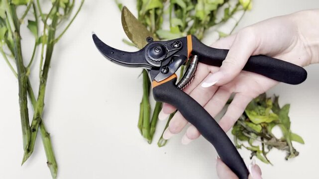 Woman opening pruner with hand to trim stems of bouquet with chrysanthemums, flower care and restoration, prolongation of bouquet life, floristic concept, resuscitation of flowers video