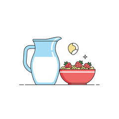 A delicious bowl of cereal with fresh strawberries and a pitcher of cold milk for a healthy breakfast
