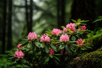 Pink rhododendron flowers bloom vibrantly in misty forest setting, with lush green leaves and moss covered ground creating serene and fresh atmosphere