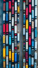 Aerial view of a busy truck parking area, featuring numerous colorful containers lined up in organized rows.