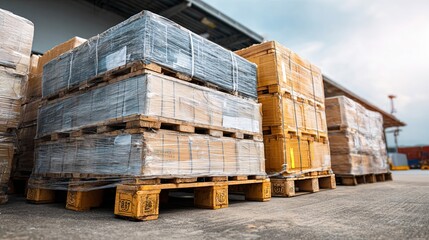 A stack of wooden pallets wrapped in plastic, displaying various goods ready for transport at a shipping facility under a cloudy sky.