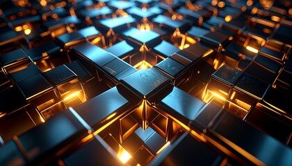 Obraz premium Interwoven metallic patterns creating geometric illusions with glowing edges, blending symmetry and depth in a hyperrealistic style.