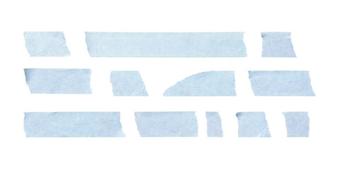 set of cyan adhesive torn tape isolated transparent png background,Paper tape sticker with ripped edges,Design template or mockup.Torn masking tape