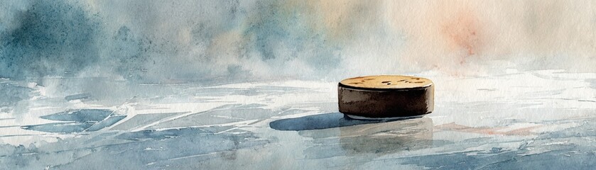 Fototapeta premium A solitary hockey puck rests on the ice, surrounded by a soft, watercolor backdrop, evoking a tranquil yet competitive atmosphere.