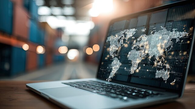 A laptop displaying a digital world map, set against a blurred industrial background with shipping containers, symbolizing global connectivity and technology.