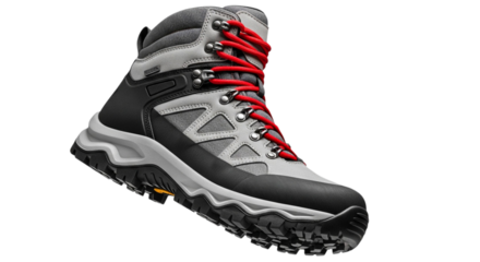 A single modern gray and black men's hiking boot with red laces and a rugged lug sole.