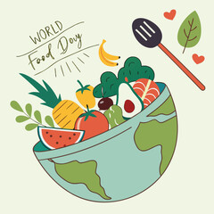 World Food Day art displays fruits and vegetables inside globe bowl with spatula