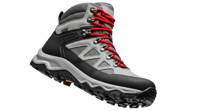 A single modern gray and black men's hiking boot with red laces and a rugged lug sole.