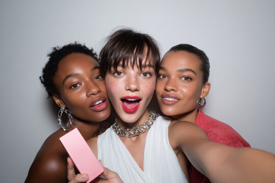 Three young women showing cosmetic product and taking selfie