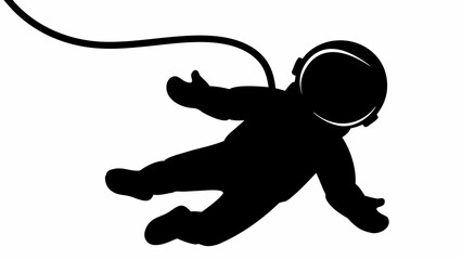 Silhouette of astronaut floating in space with tether connected to spacecraft in black and white style | editable eps vectors
