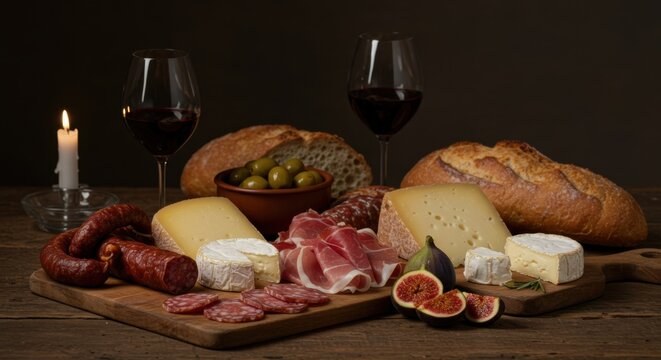 T&aacute;bua de frios r&uacute;stica com vinho em mesa de jantar