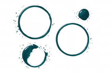 Teal paint splattering, creating circular patterns and droplets, highlighting creative design with transparent backdrop