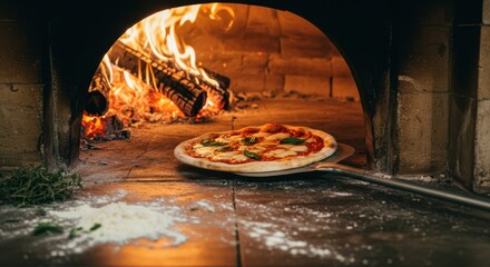 Pizza Margherita sendo retirada de forno a lenha