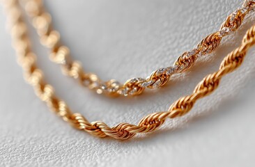 Two gold rope chains, one with diamond accents, displayed on a textured surface