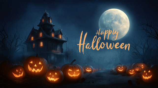 Enchanting Halloween: A festive nightscape is dominated by a luminescent full moon, haunted mansion, and jack-o'-lanterns that create a spooky Halloween atmosphere.