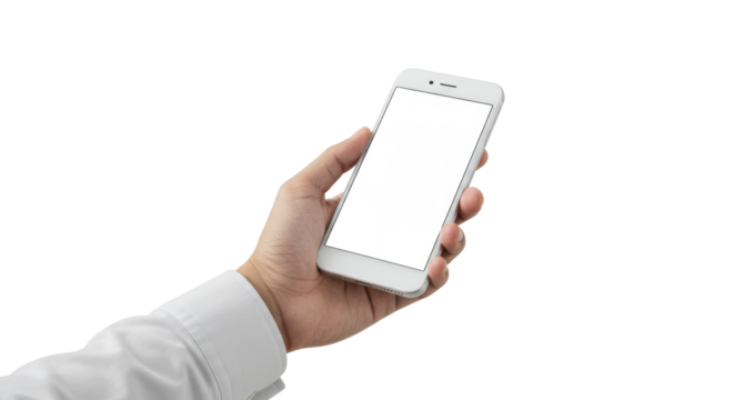 Gender-neutral hand in shirt cuff holds sleek, modern, minimalist smartphone with blank white screen on transparent studio background, high-key studio photography concept