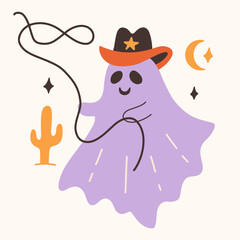 Cute Cowboy Ghost Cartoon Halloween Illustration