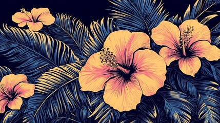 Floral wallpaper yellow hibiscus and blue palm fronds against dark background