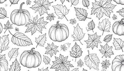 Seamless pattern of pumpkins and leaves. Simple black and white line drawings on white background