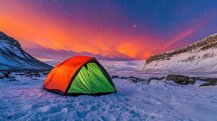 Vivid alpine camping under the celestial blanket witnessing dawn's first blush illuminating snowy