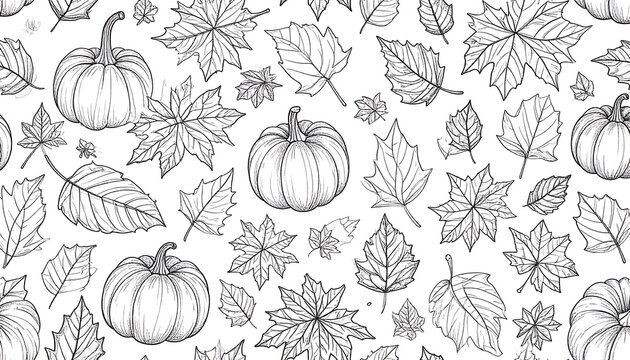 Seamless pattern of pumpkins and leaves.  Simple black and white line drawings on white background