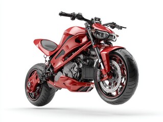 Fototapeta premium Sleek, vibrant red motorcycle, futuristic design, isolated on white background.
