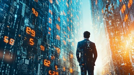 Man stands before tall digital displays showing numeric codes in light-filled city