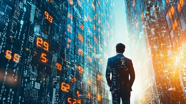 Man stands before tall digital displays showing numeric codes in light-filled city