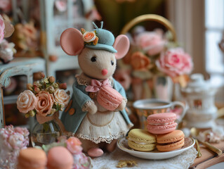 Cute mouse figurine holding macaron near floral decorations in cafe  