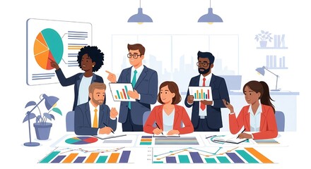 Flat illustration of diverse business team analyzing charts and graphs. Concept of teamwork, creative marketing strategy, data analysis, planning, and business success