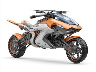A futuristic, orange and white, multi-wheeled vehicle with a helicopter-like top section stands out against a plain white background.