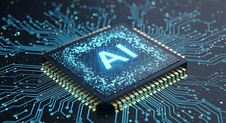 Close-up of futuristic microchip with glowing AI letters and digital circuits. Symbol of artificial intelligence, machine learning, future innovation, and advanced technology