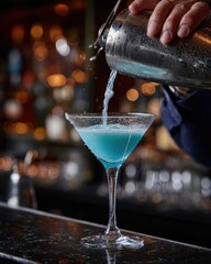 Bartender pouring blue cocktail into martini glass with sugar rim at a bar, closeup shot