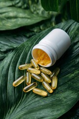 Bottle spills gel capsules on a large green leaf surrounded by more greenery