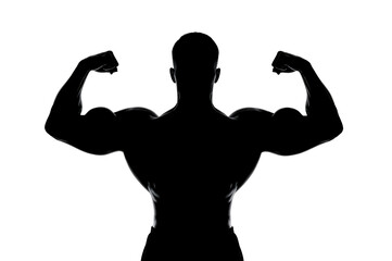 Fototapeta premium Muscular man flexing, dark background, fitness, poster