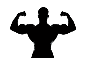 Muscular man flexing, dark background, fitness, poster