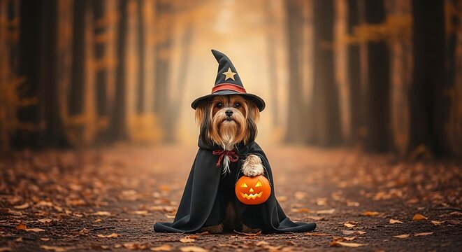 Adorable Yorkshire Terrier Witch with Pumpkin in Autumnal Forest Setting