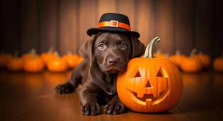 Chocolate Labrador Puppy with Halloween Pumpkin
