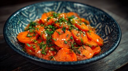 Bowl of sliced carrots garnished with herbs and sesame seeds set on a wooden surface