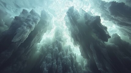 Underwater ice formations with ethereal light filtering through the icy ceiling