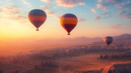 Fototapeta premium Colorful Hot Air Balloons Soaring Over a Dramatic Desert Landscape at Sunrise