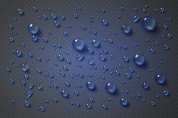 Realistic set of transparent water drops, transparent dew drops with reflection effect.