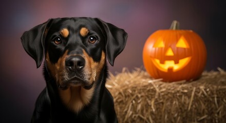 Obraz premium Halloween Dog Portrait: Rottweiler Mix with Jack O Lantern