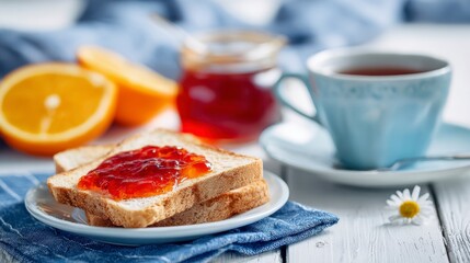 Breakfast scene toast w jam orange slices jam jar blue teacup on white wood