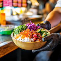 A freshly made poke bowl with vibrant toppings being handed over the counter on a bamboo tray visible hands of vendor in gloves