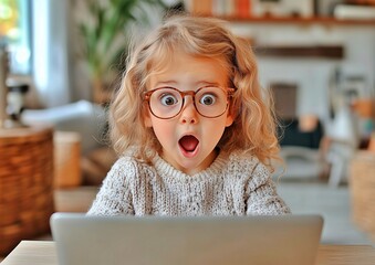 パソコンを見て驚く子ども
